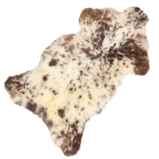 Cushy White and Brown Spotted Mottled Sheepskin Rug