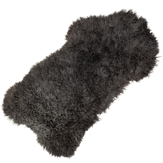 Soft Black w Gray Long Curls Gotland Sheepskin Rug
