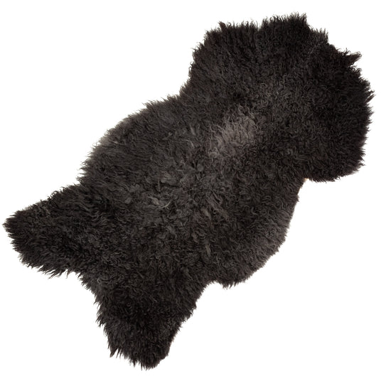 Soft Black w Little Gray Long Curls Gotland Sheepskin Rug